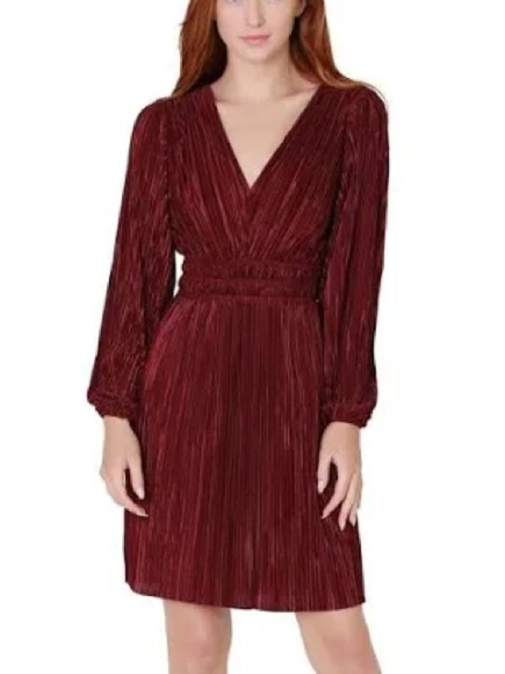 Lucy Paris NWT Rosa Pleated V-Neck Long-Sleeve Dress in Burgundy